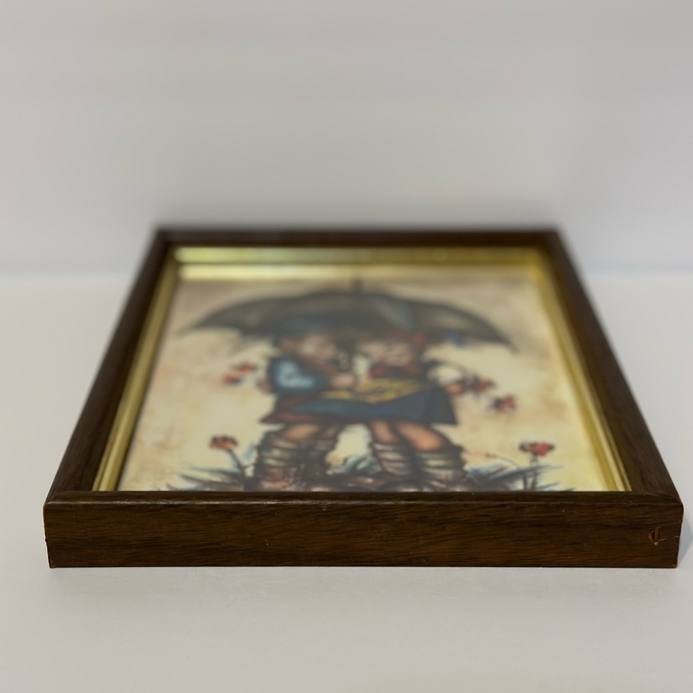 Vintage Hummel Evans Framed Art Boy and Girl Under Umbrella - Picture 7 of 8